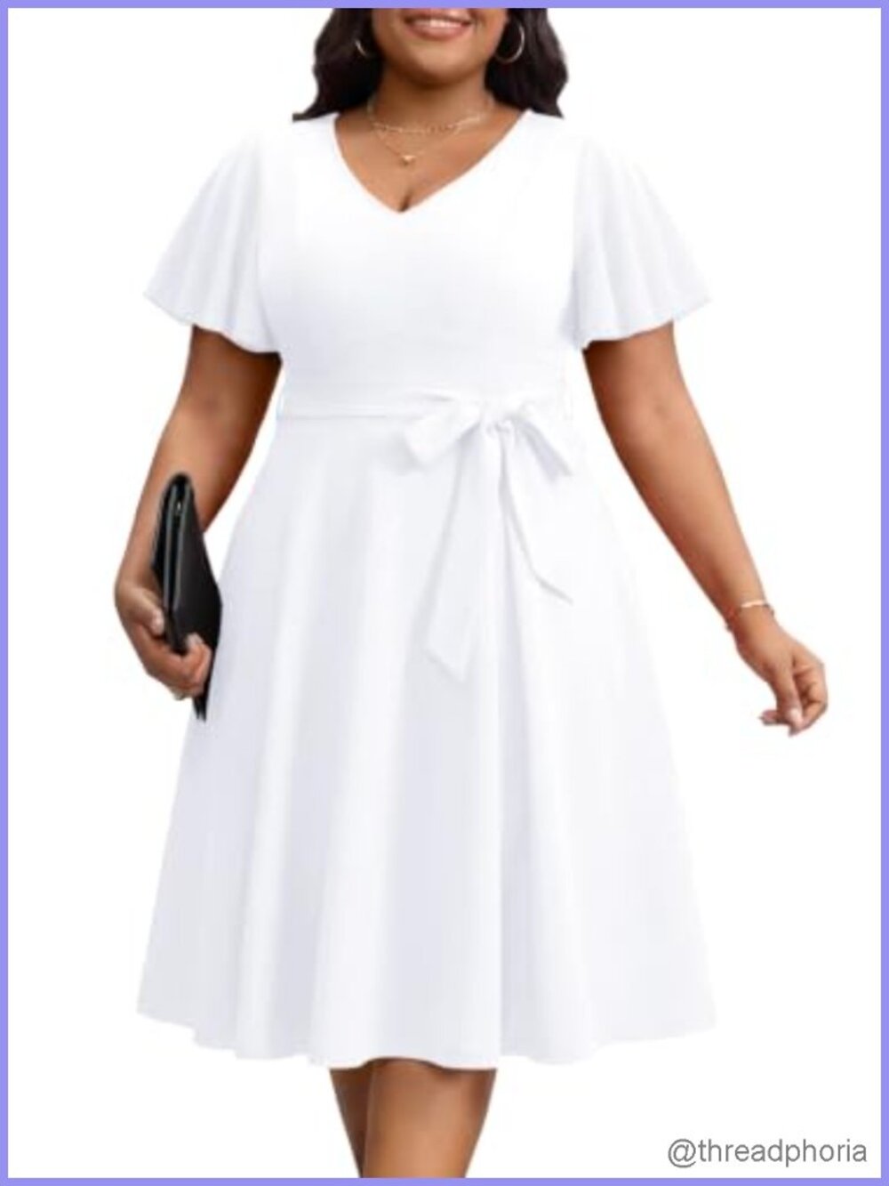 Plus Size V-Neck Ruffle Sleeve Knee Length Dress with Pockets